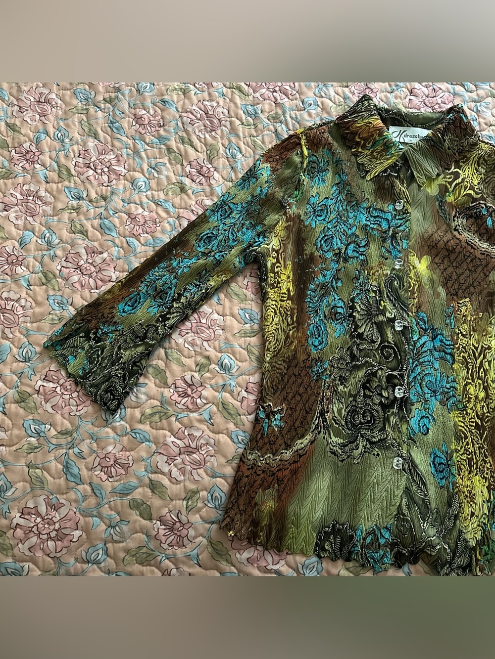 Dressbarn Turquoise Green & Brown Whimsy Floral Printed Women’s Blouse - Picture 4 of 7